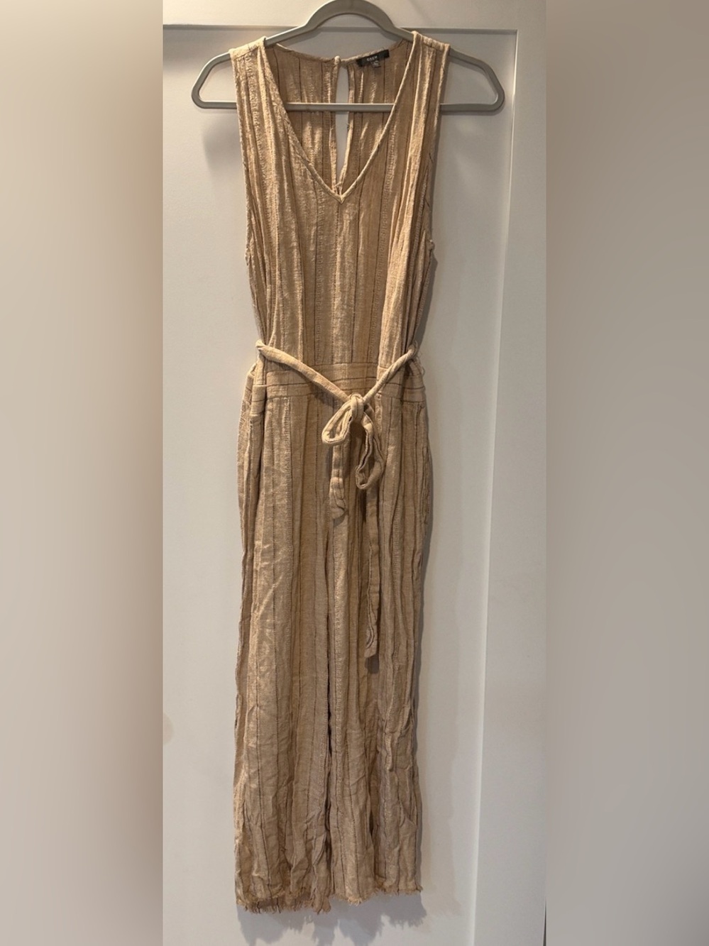 Drew Linen Rayon Striped Wide Leg Tie Waist Jumpsuit Size L Boho